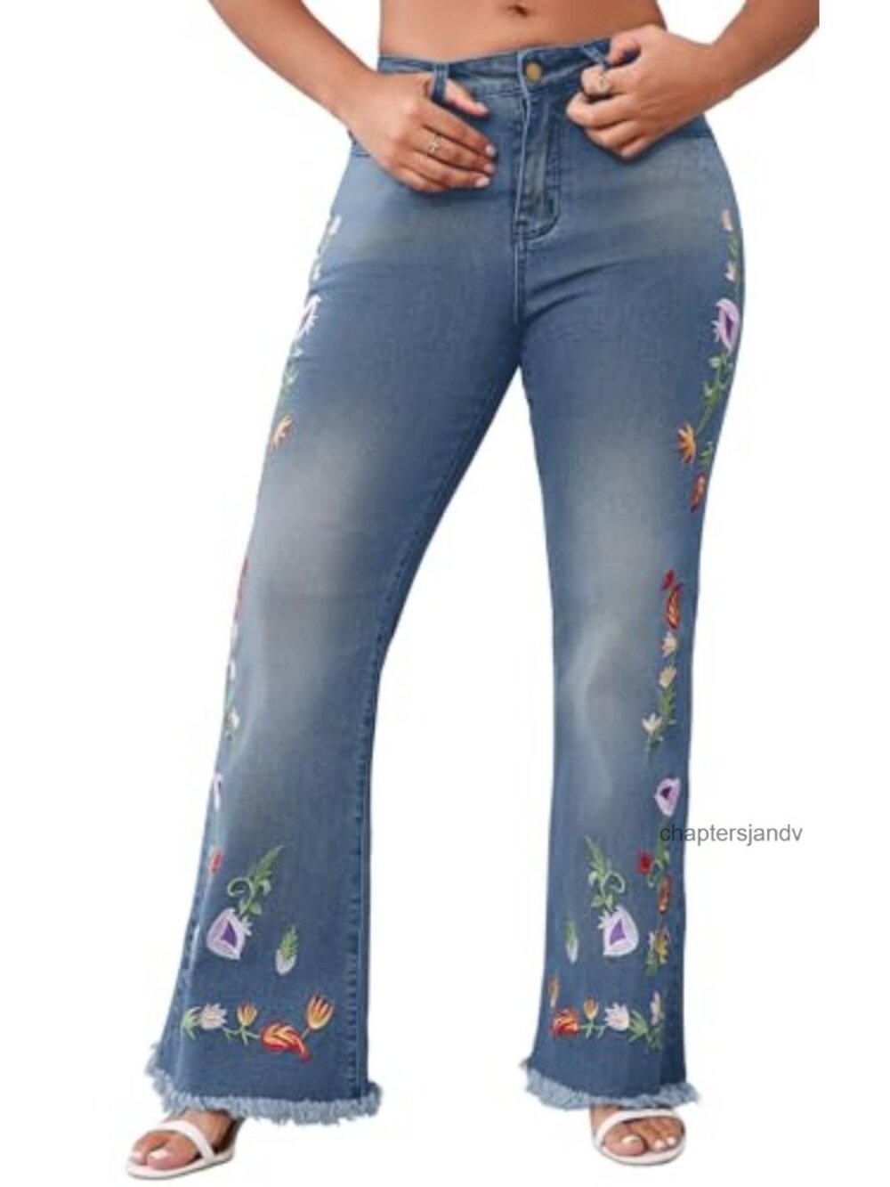 Womens Floral Embroidered High Rise Bell Bottom Flare Jeans Pull On